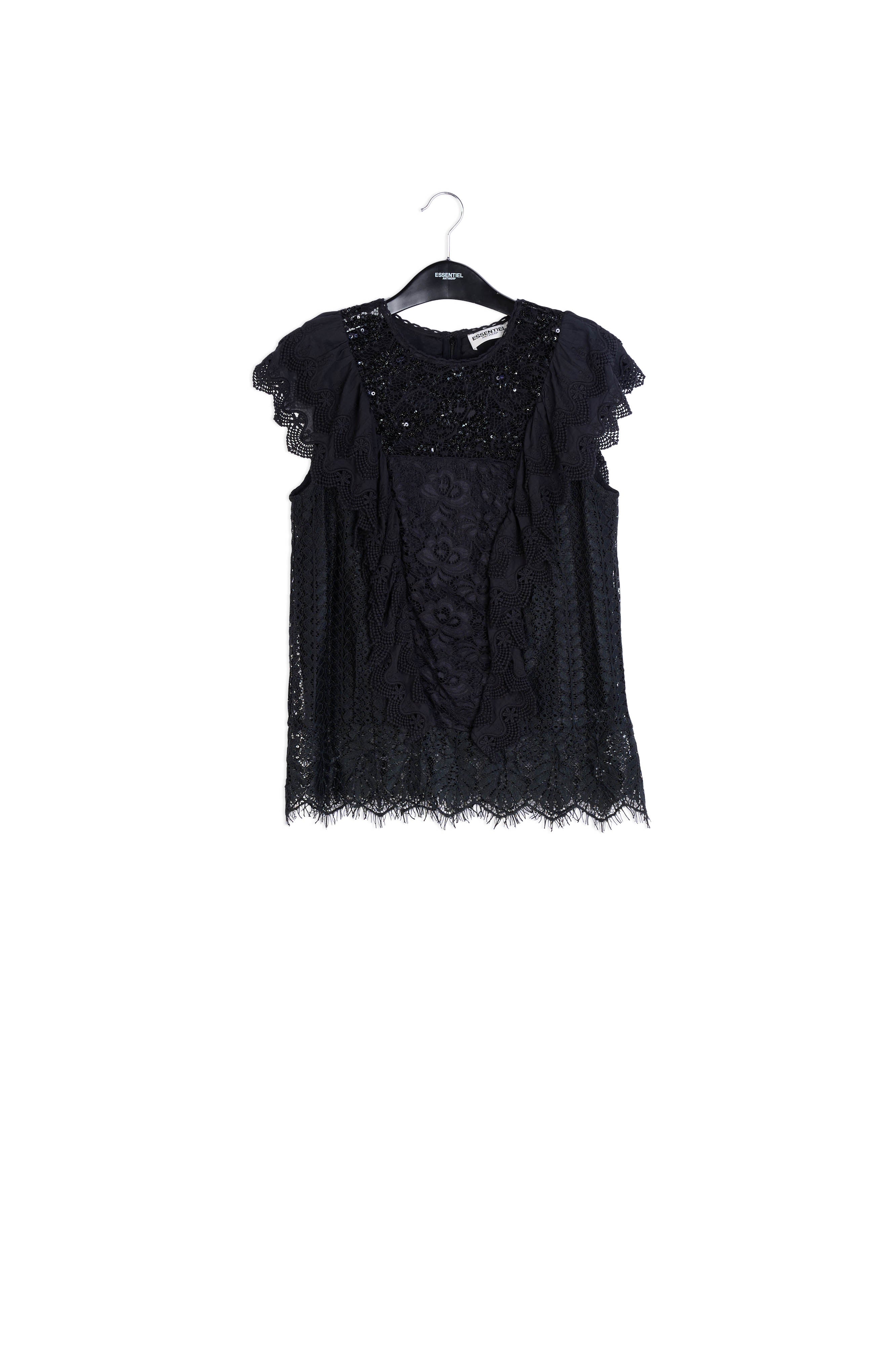 Black ruffled lace top with sequins RE—SSENTIEL | Essentiel second hand