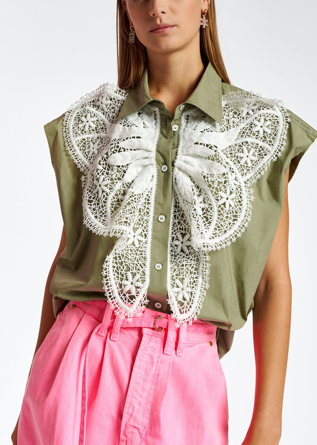 Khaki cotton sleeveless shirt with lace embroidered trimmings RE—SSENTIEL | Essentiel second hand