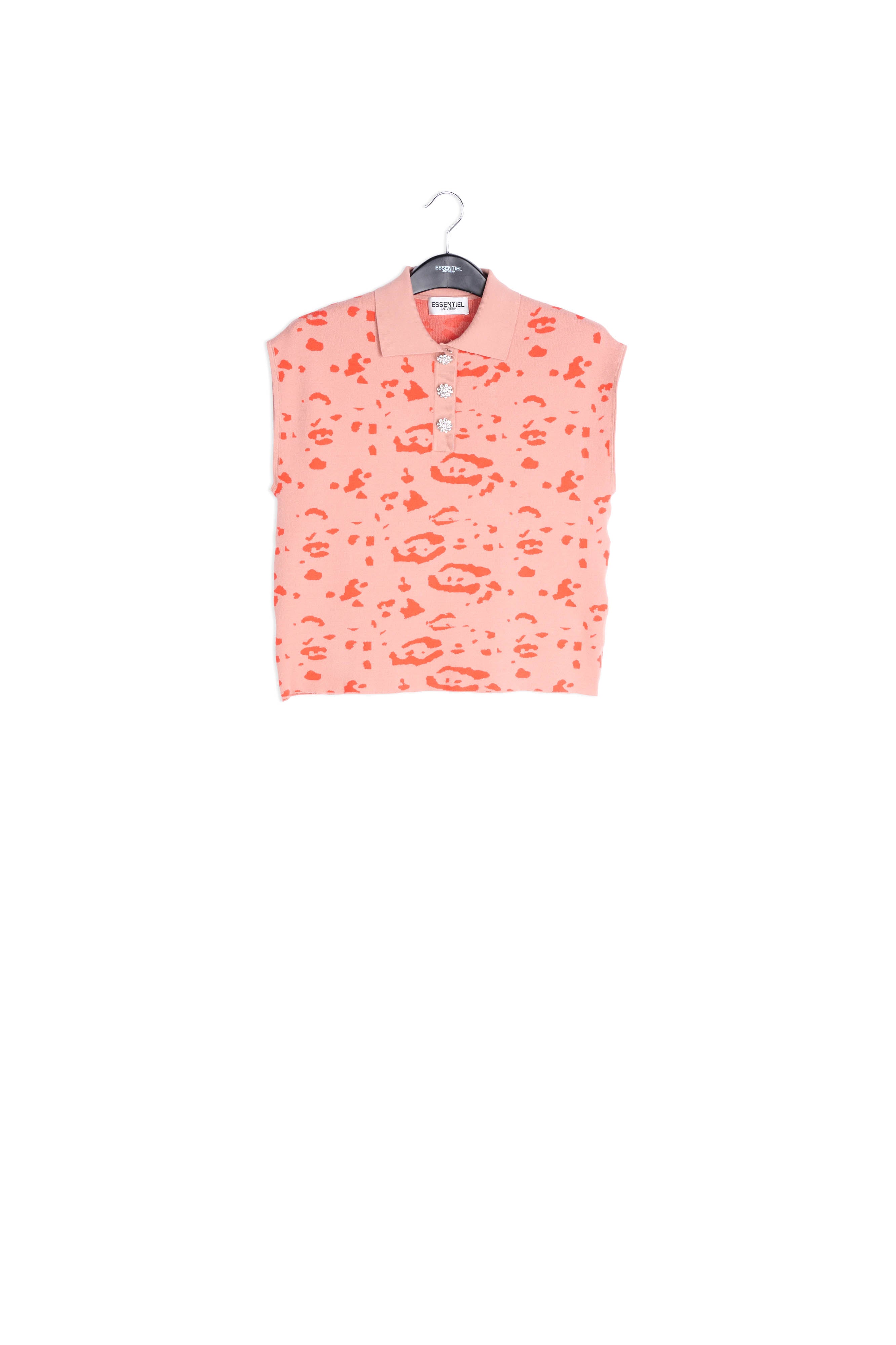 Vintage pink and red knitted polo top with leopard print RE—SSENTIEL | Essentiel second hand
