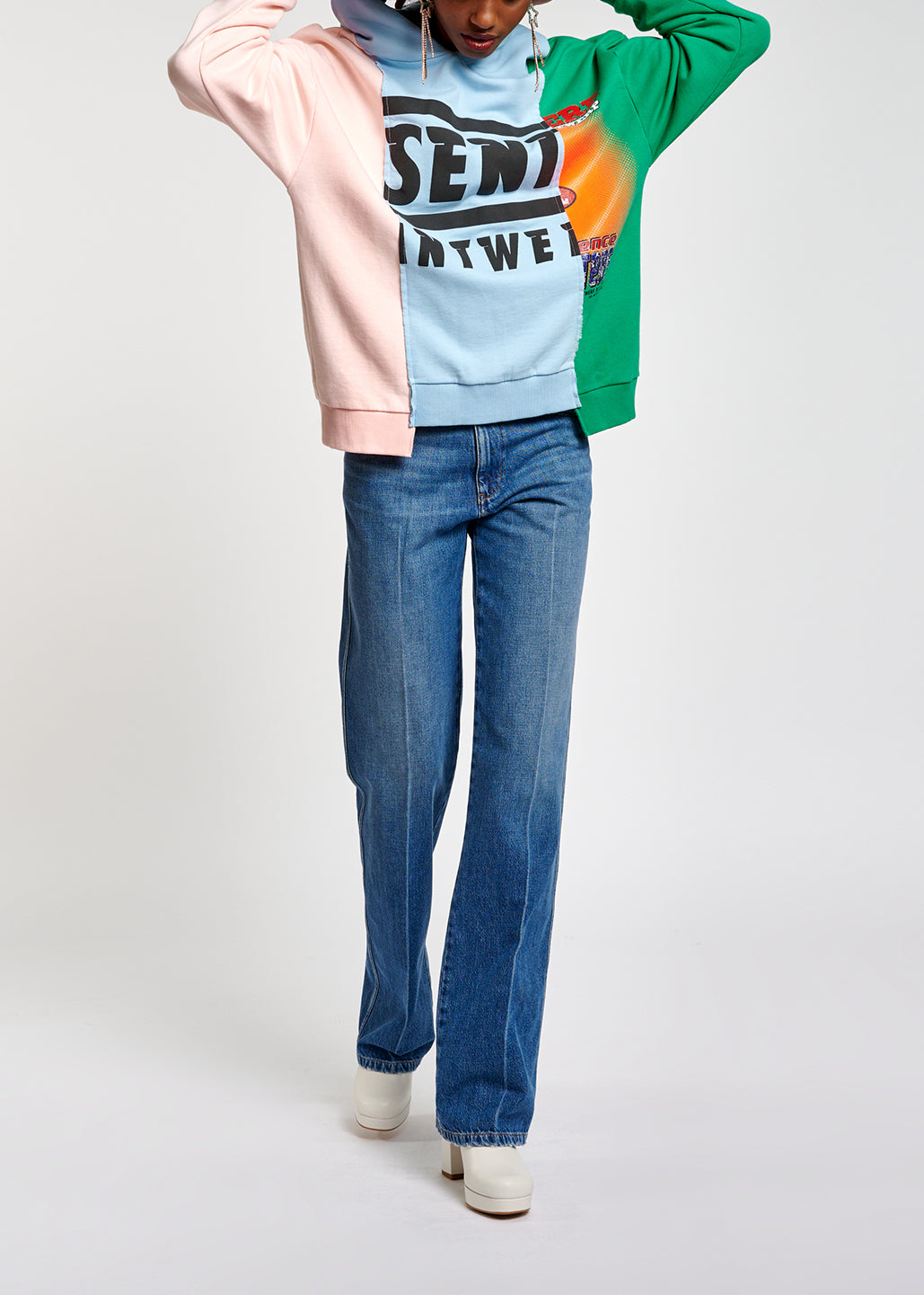 Light blue, pink and green patchwork hooded sweatshirt RE—SSENTIEL | Essentiel second hand