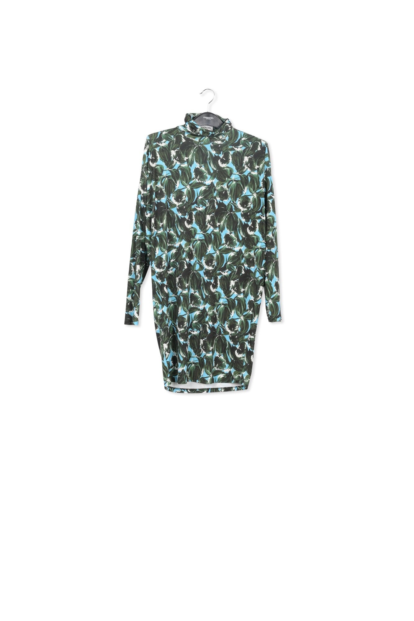 Blue and dark green leaf-printed mini dress with turtleneck RE—SSENTIEL | Essentiel second hand
