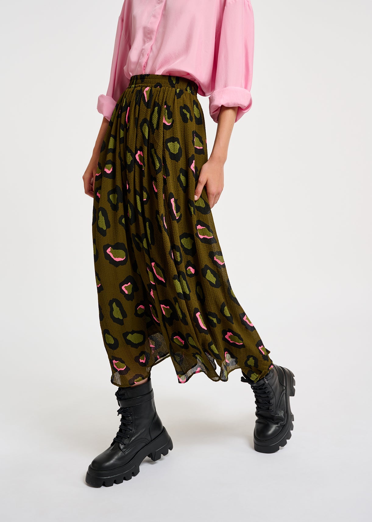 Khaki leopard-print midi skirt RE—SSENTIEL | Essentiel second hand