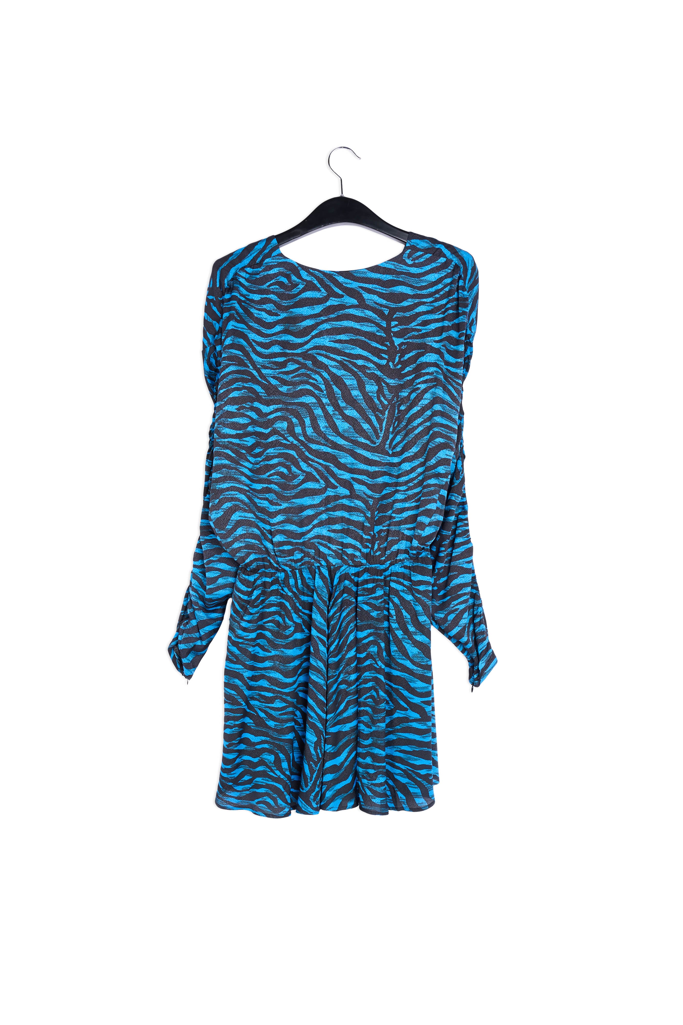 Volumineuze mini-jurk met blauwe en groene zebraprint RE—SSENTIEL | Essentiel second hand
