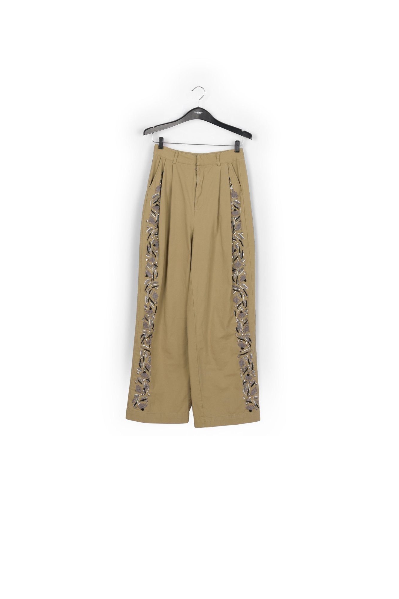 Khaki cotton wide-leg pants with bead embroidery RE—SSENTIEL | Essentiel second hand