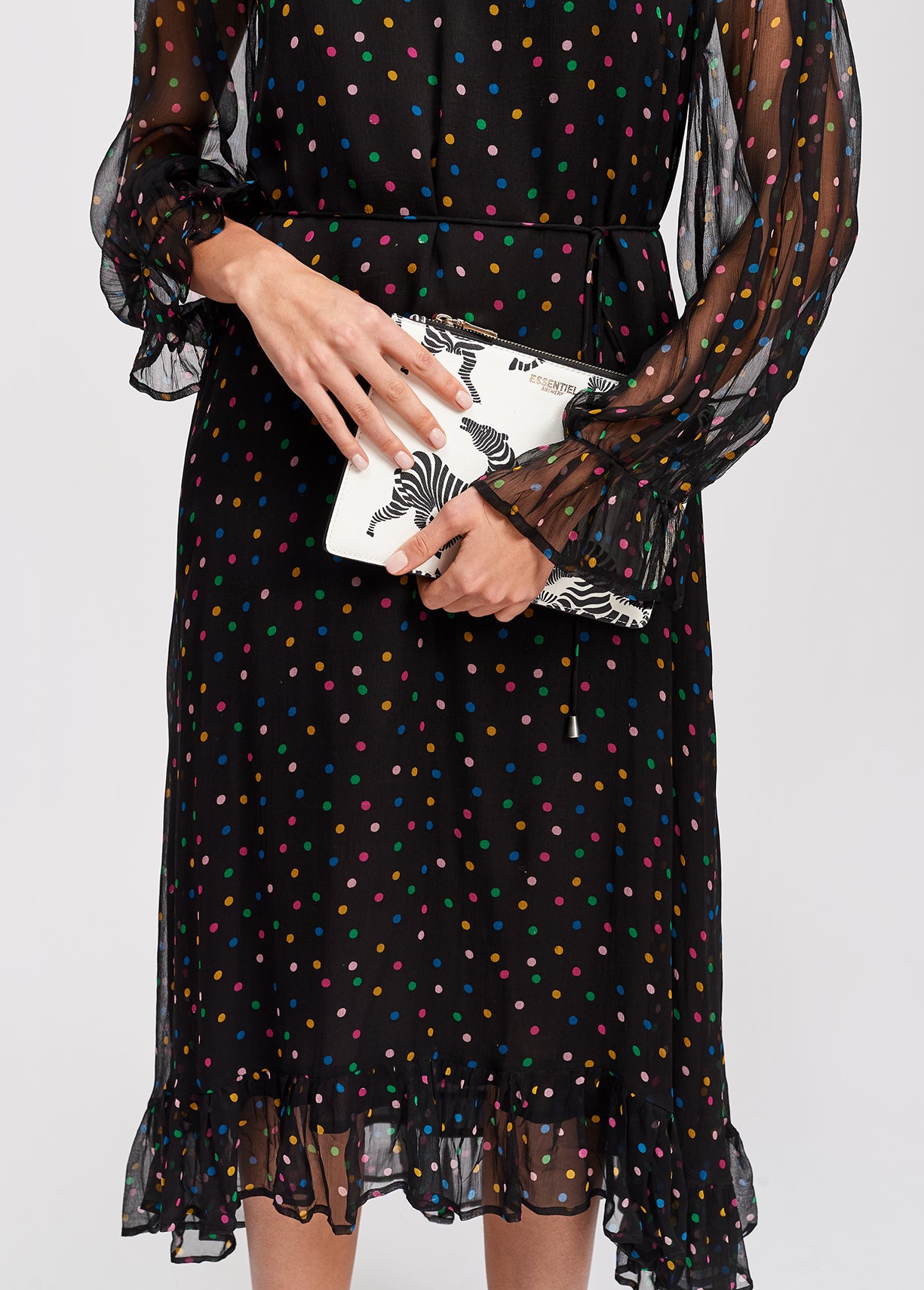Black polka dot maxi dress with frilled hem RE—SSENTIEL | Essentiel second hand