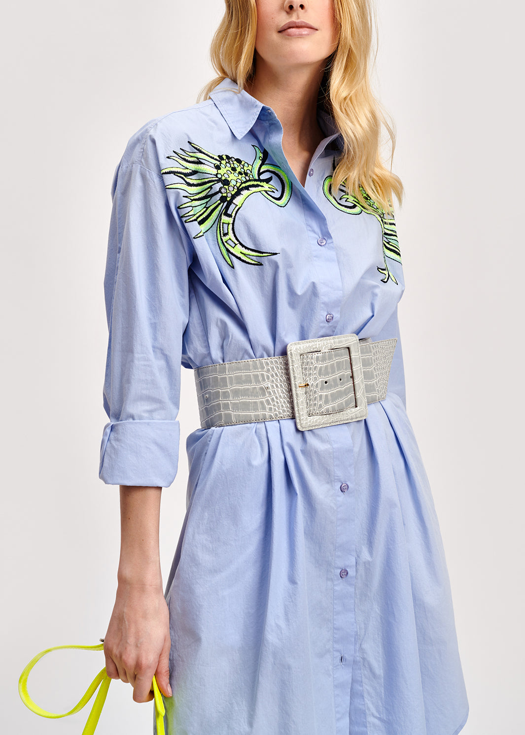 Light blue neon embroidered cotton shirt dress RE—SSENTIEL | Essentiel second hand