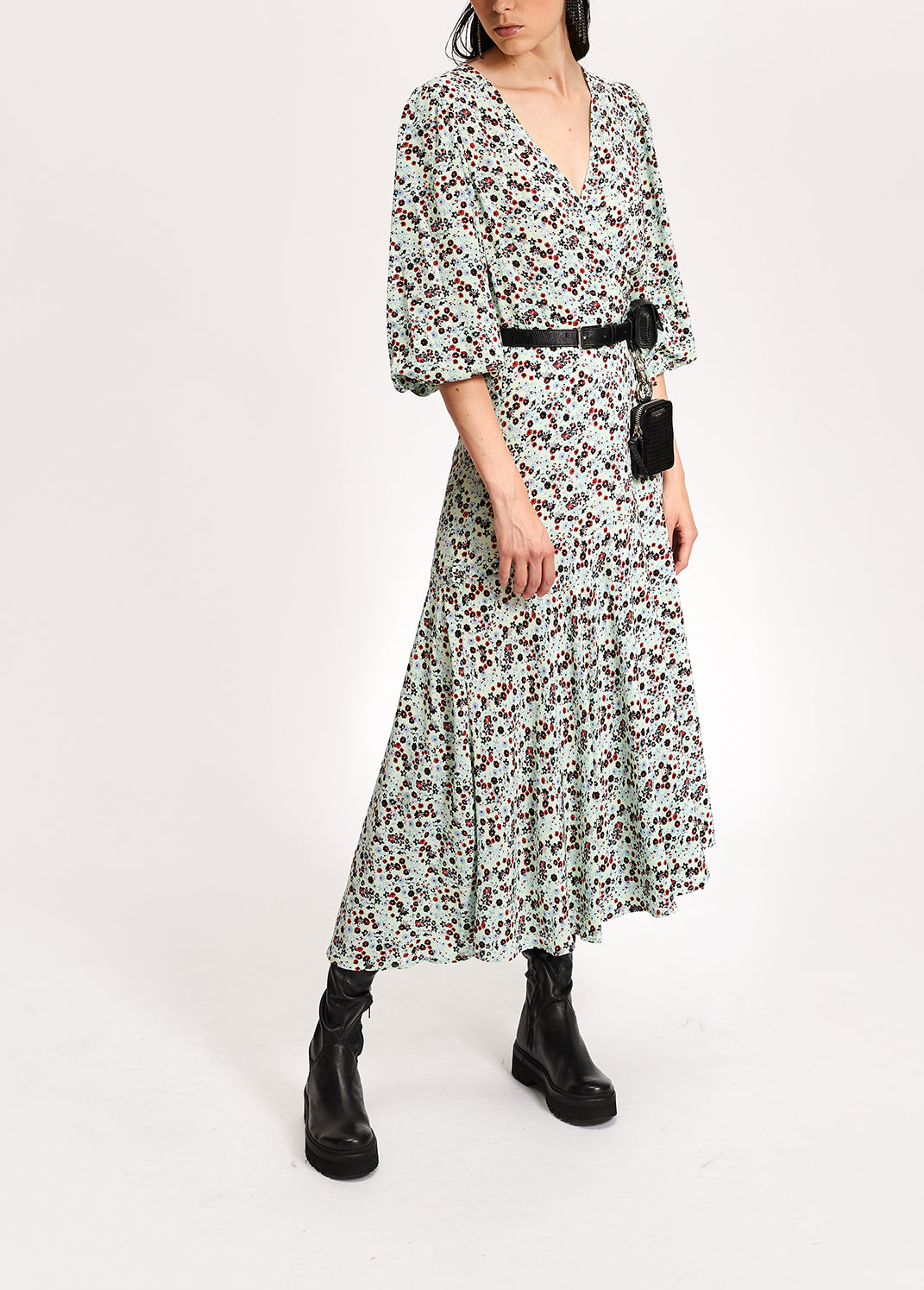 Robe maxi cache-cœur vert menthe à imprimé floral RE—SSENTIEL | Essentiel second hand