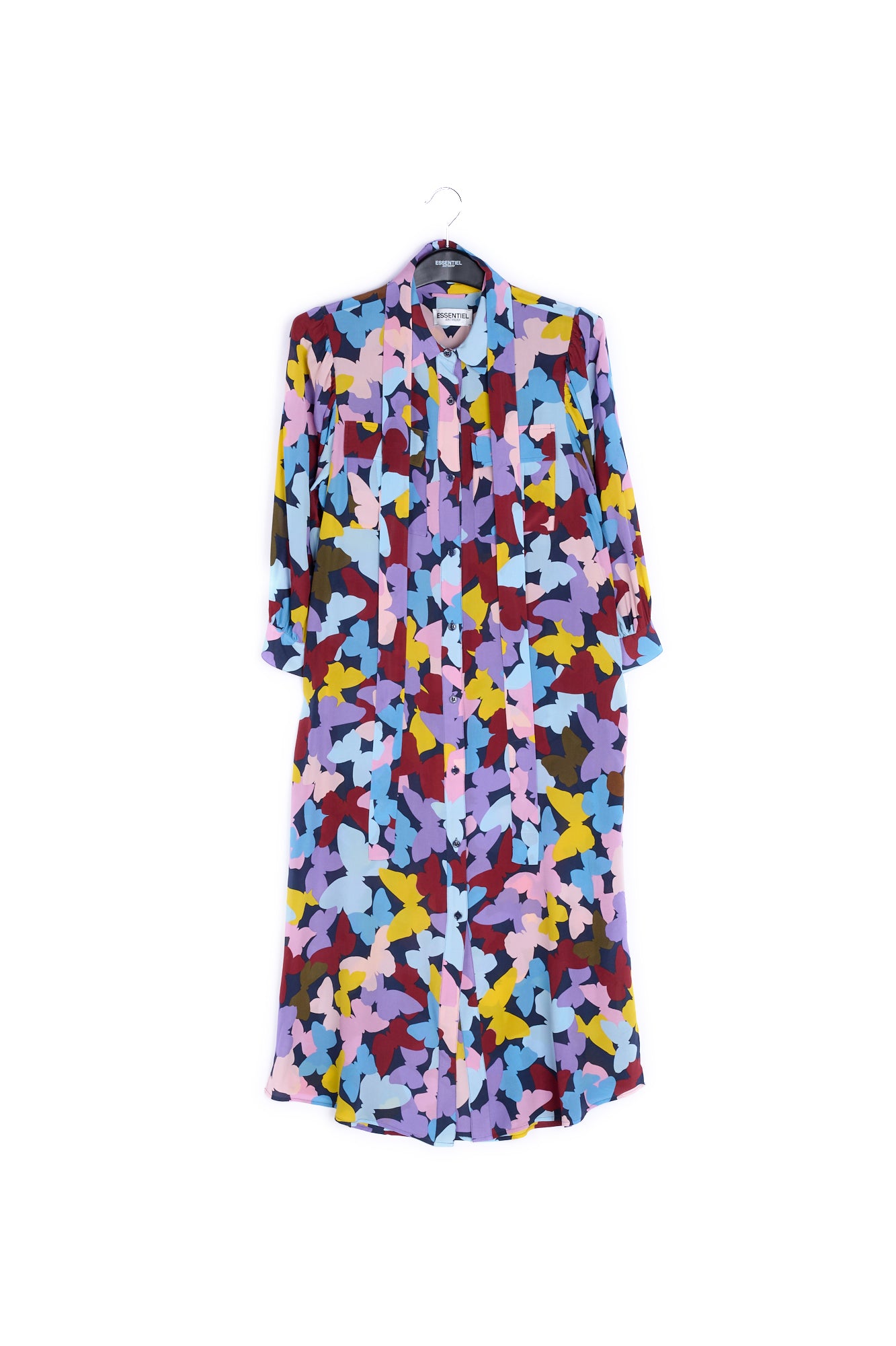 Silk burgundy, lilac and blue butterfly-print midi dress RE—SSENTIEL | Essentiel second hand