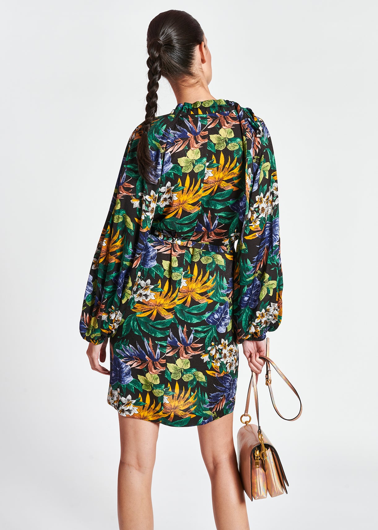 Zwarte mini-jurk met bloemenprint en strikje RE—SSENTIEL | Essentiel second hand