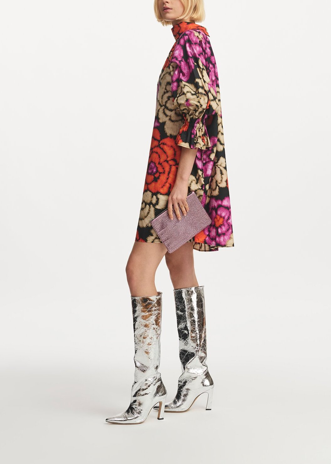 Mini-robe noire, orange et écru à  col montant RE—SSENTIEL | Essentiel second hand