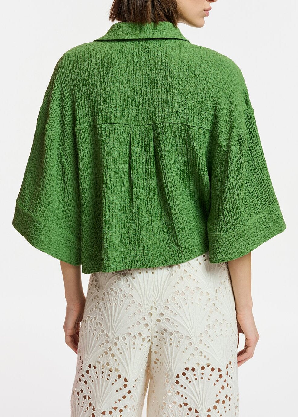 Dark green seersucker cropped shirt RE—SSENTIEL | Essentiel second hand