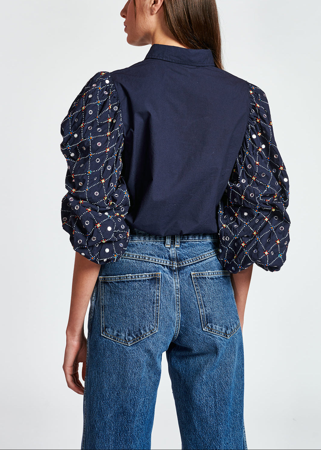 Dark blue mirror-embroidered puffed-sleeve shirt RE—SSENTIEL | Essentiel second hand