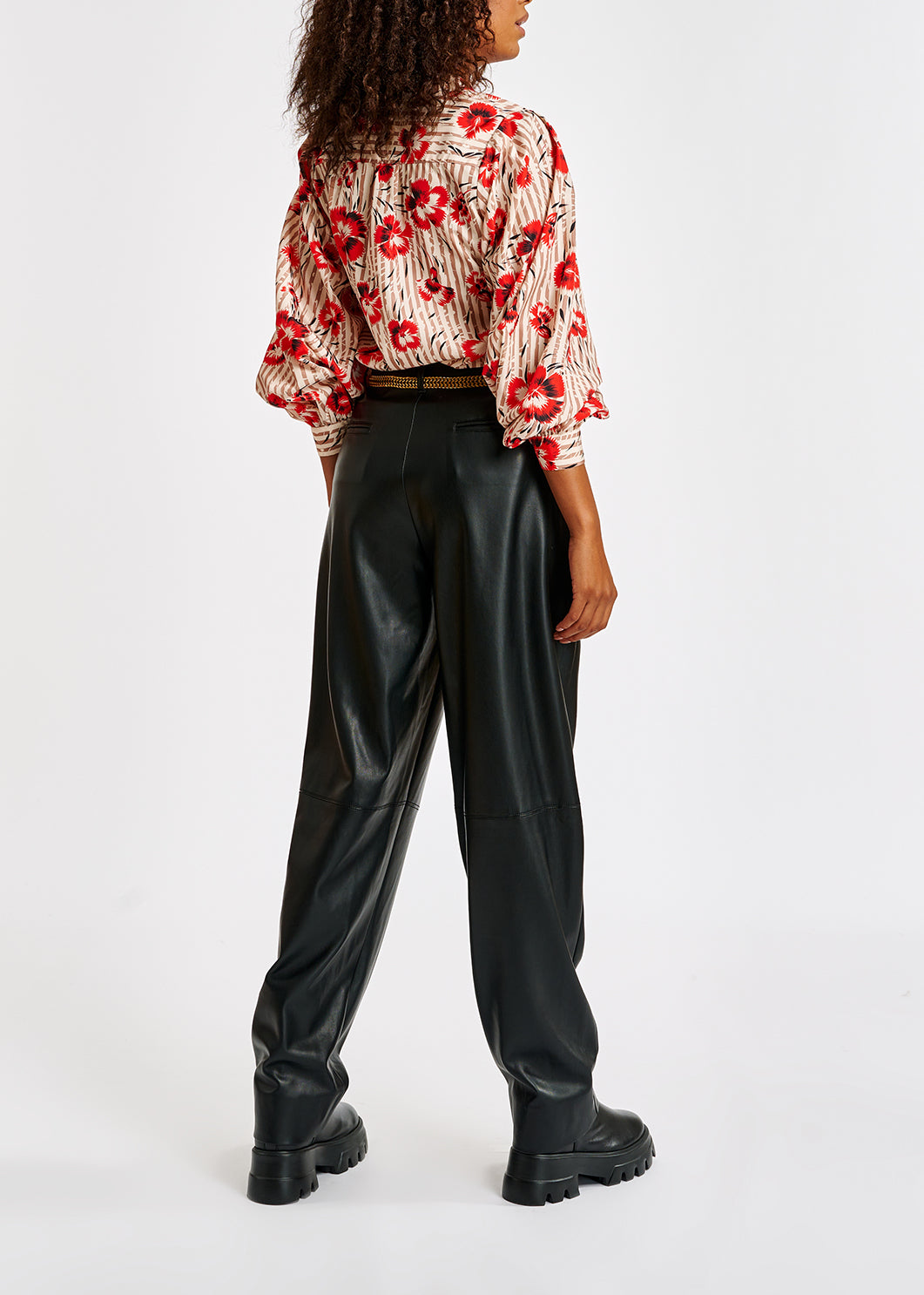 Stripe and red floral print puffed-sleeve top RE—SSENTIEL | Essentiel second hand