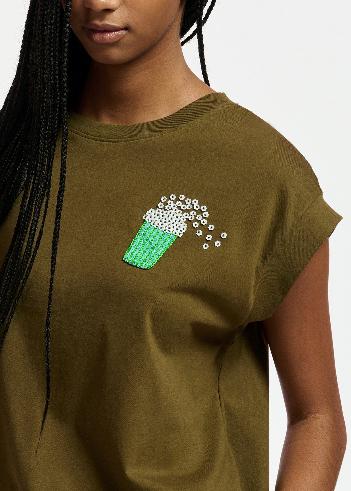 Khaki organic cotton T-shirt with popcorn embroidery RE—SSENTIEL | Essentiel second hand