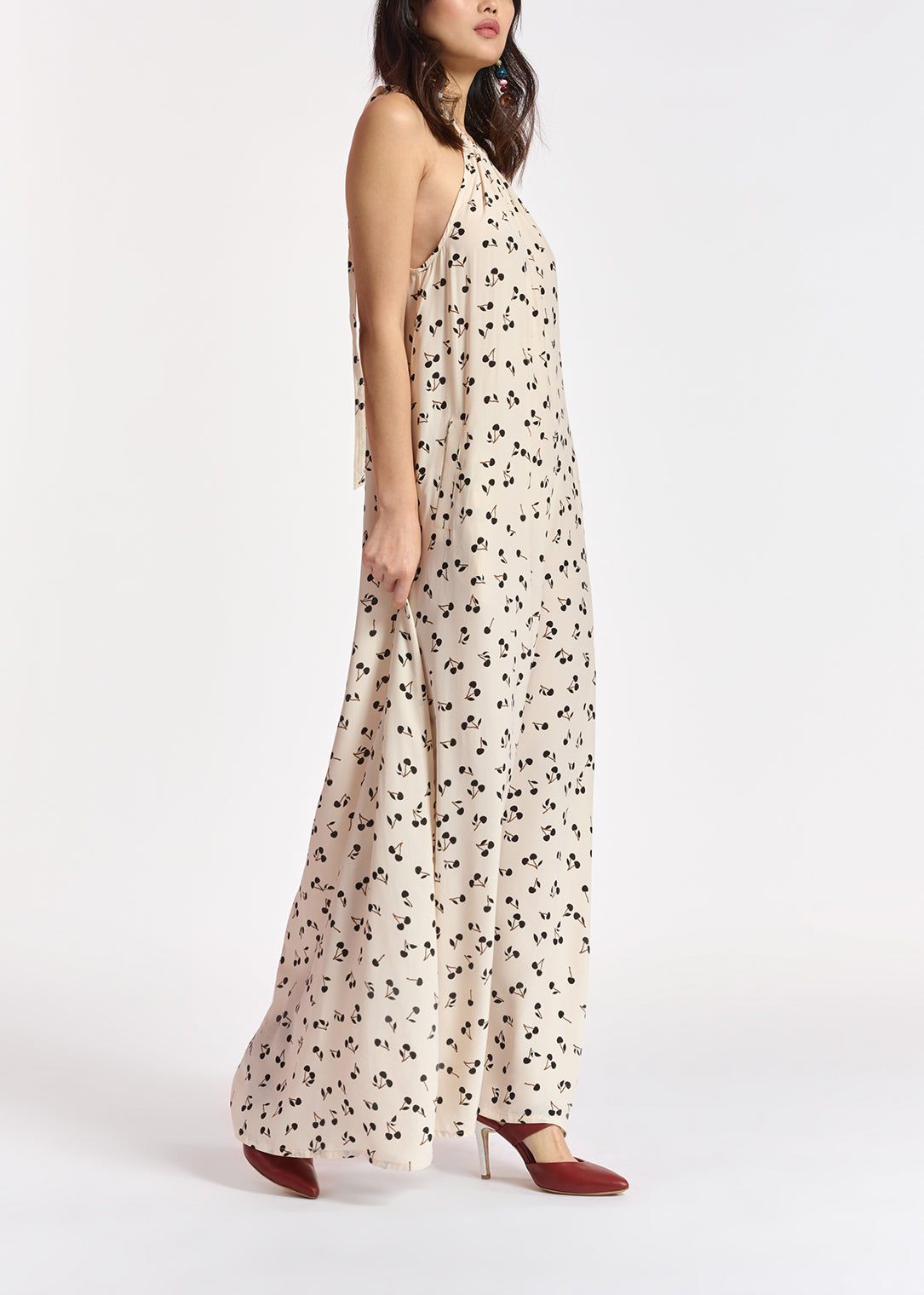 Off-white halter neck maxi dress with cherry print RE—SSENTIEL | Essentiel second hand