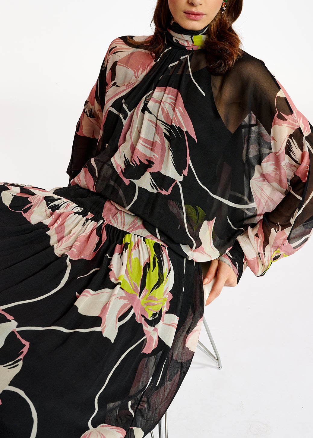 Black floral-print voluminous maxi dress RE—SSENTIEL | Essentiel second hand