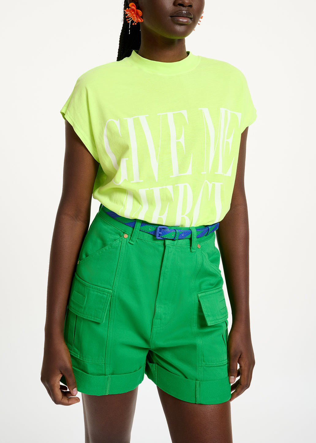 Neon yellow organic cotton T-shirt with text print RE—SSENTIEL | Essentiel second hand