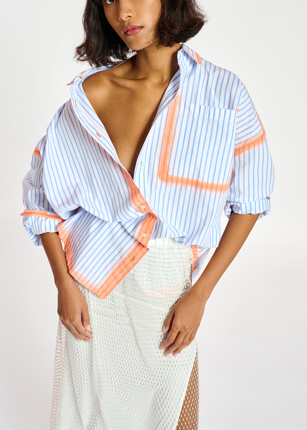 Chemise à  rayures blanches et bleues à  traits orange RE—SSENTIEL | Essentiel second hand