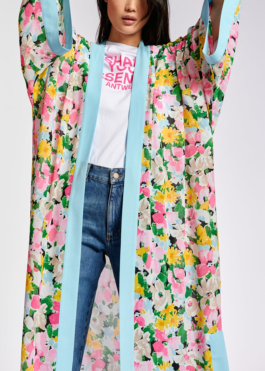 Kimono fleuri bleu clair, rose et vert RE—SSENTIEL | Essentiel second hand