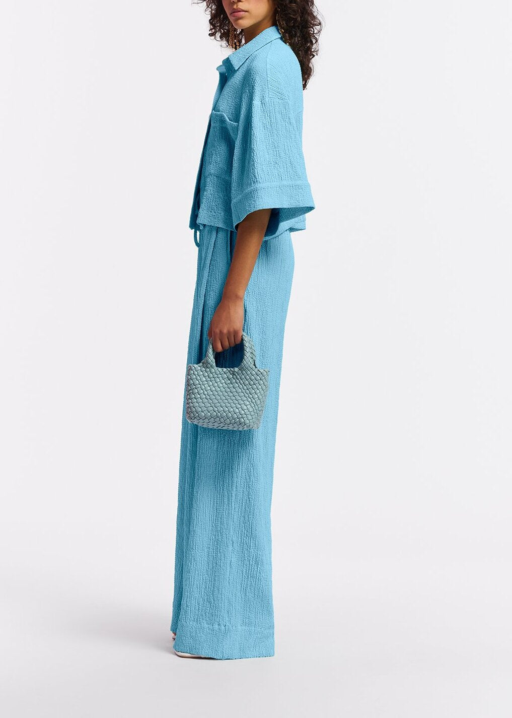 Light blue wide-leg seersucker pants RE—SSENTIEL | Essentiel second hand