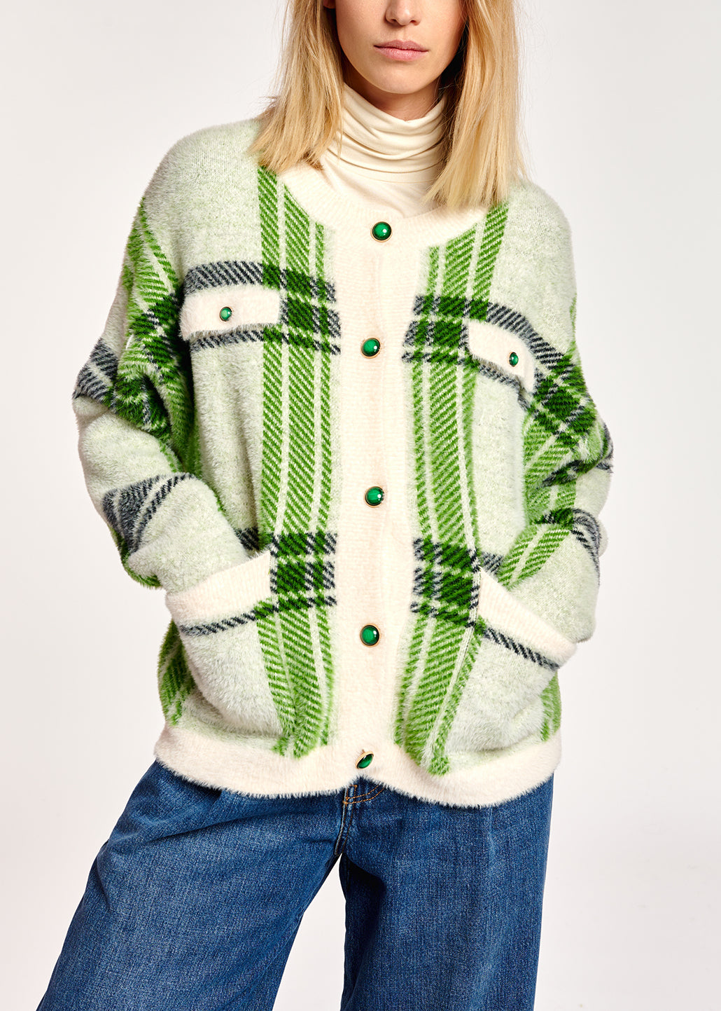 Off-white and green check cardigan RE—SSENTIEL | Essentiel second hand