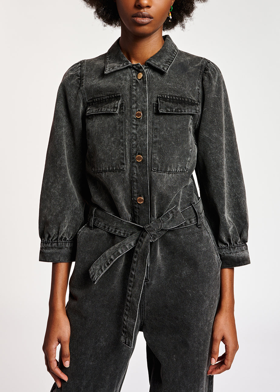 Dark grey belted denim jumpsuit RE—SSENTIEL | Essentiel second hand