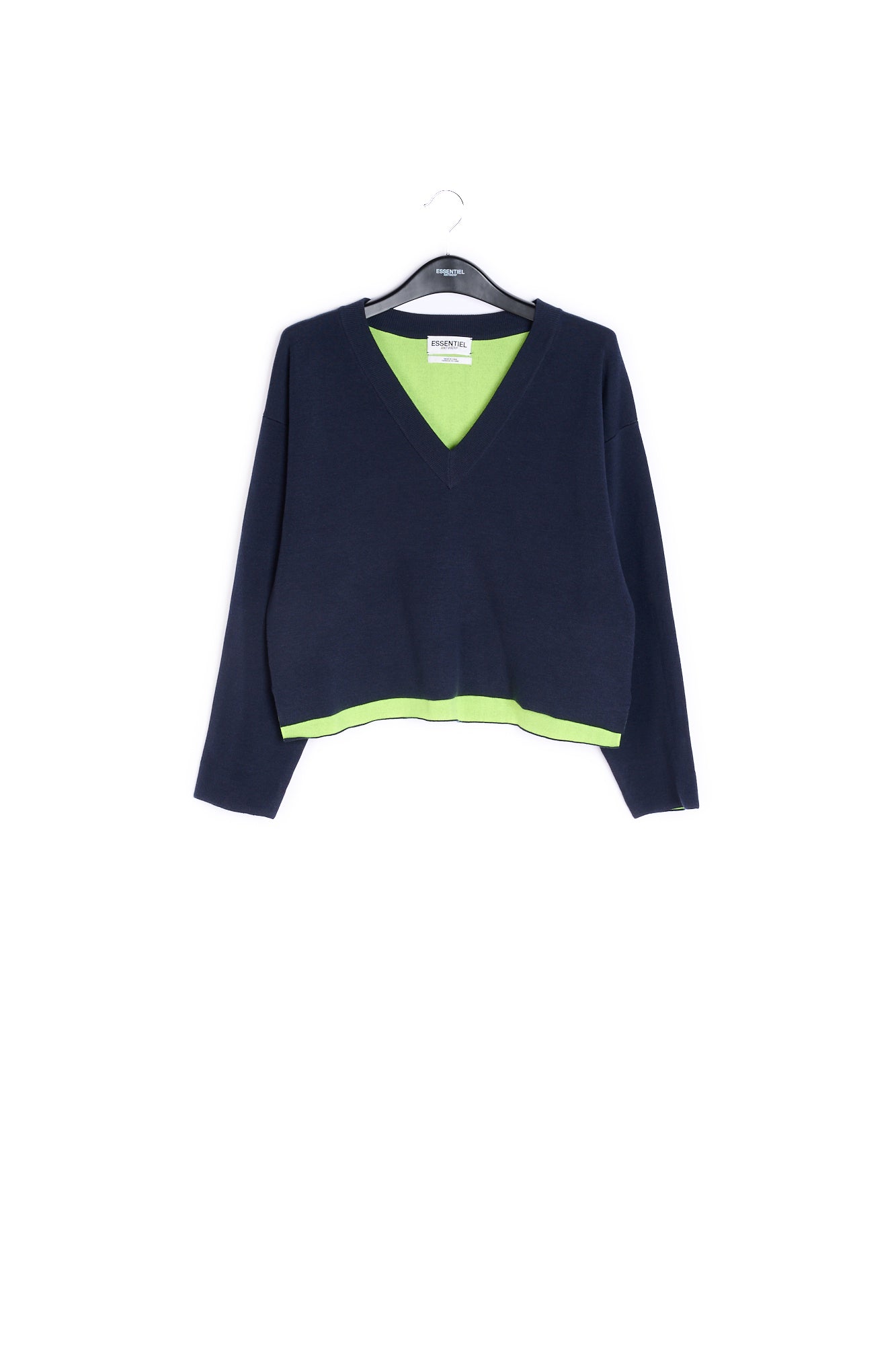 Dark blue v-neck sweater with yellow contrast RE—SSENTIEL | Essentiel second hand