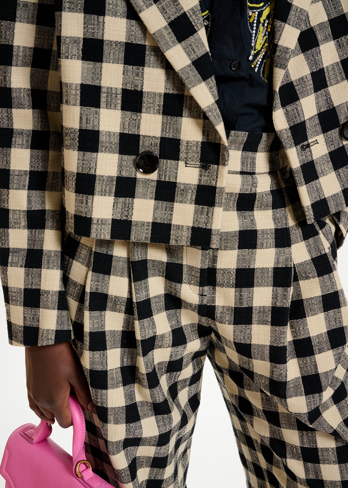 Black and beige checkered cropped blazer RE—SSENTIEL | Essentiel second hand