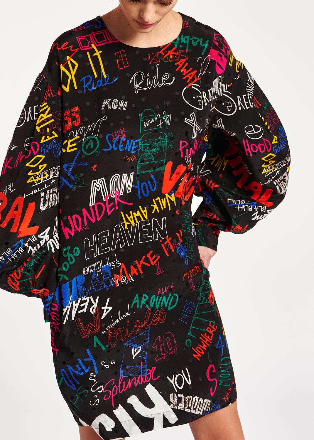 Black jacquard-silk minidress with text print RE—SSENTIEL | Essentiel second hand