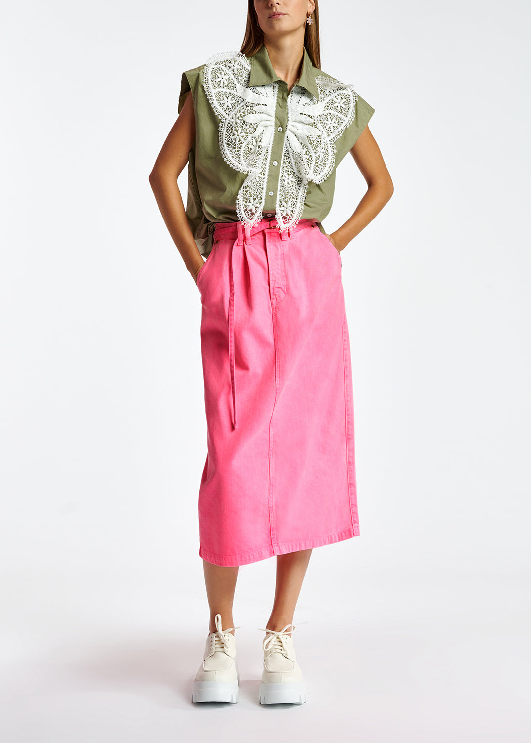 Neon pink high-waisted denim a-line skirt RE—SSENTIEL | Essentiel second hand