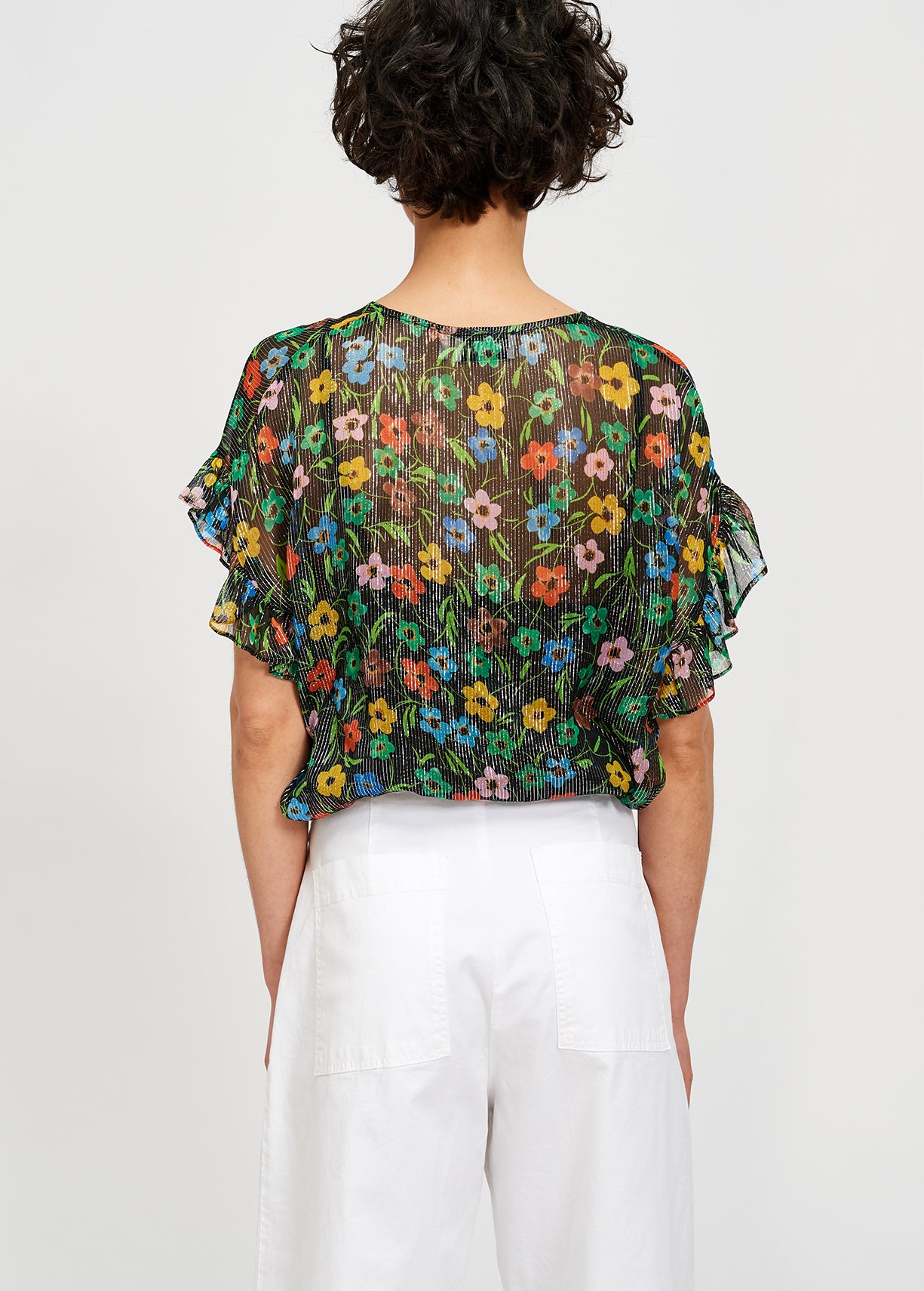 Black floral print top with ruffled sleeves RE—SSENTIEL | Essentiel second hand