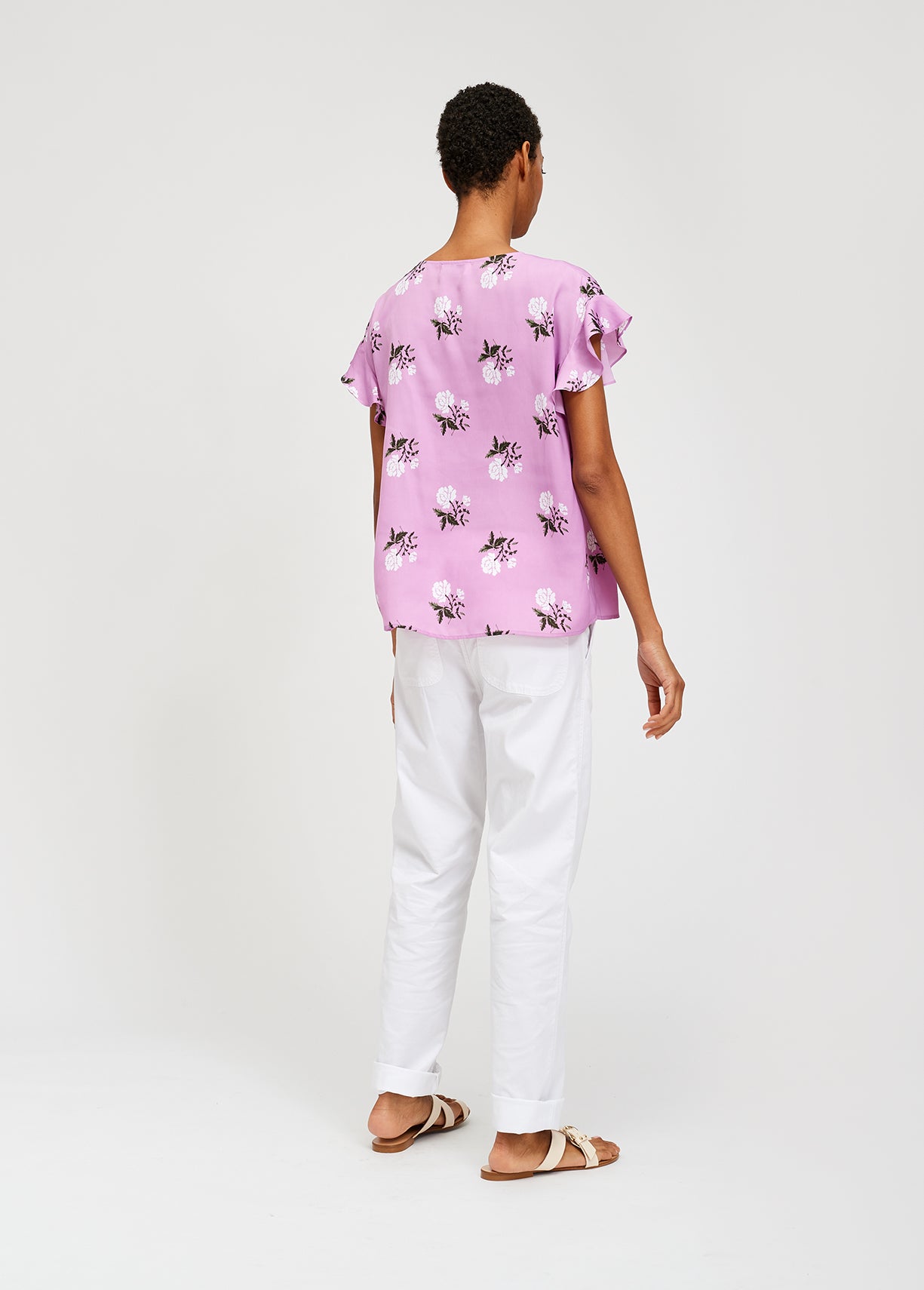 Pink flower print top with ruffled sleeves RE—SSENTIEL | Essentiel second hand