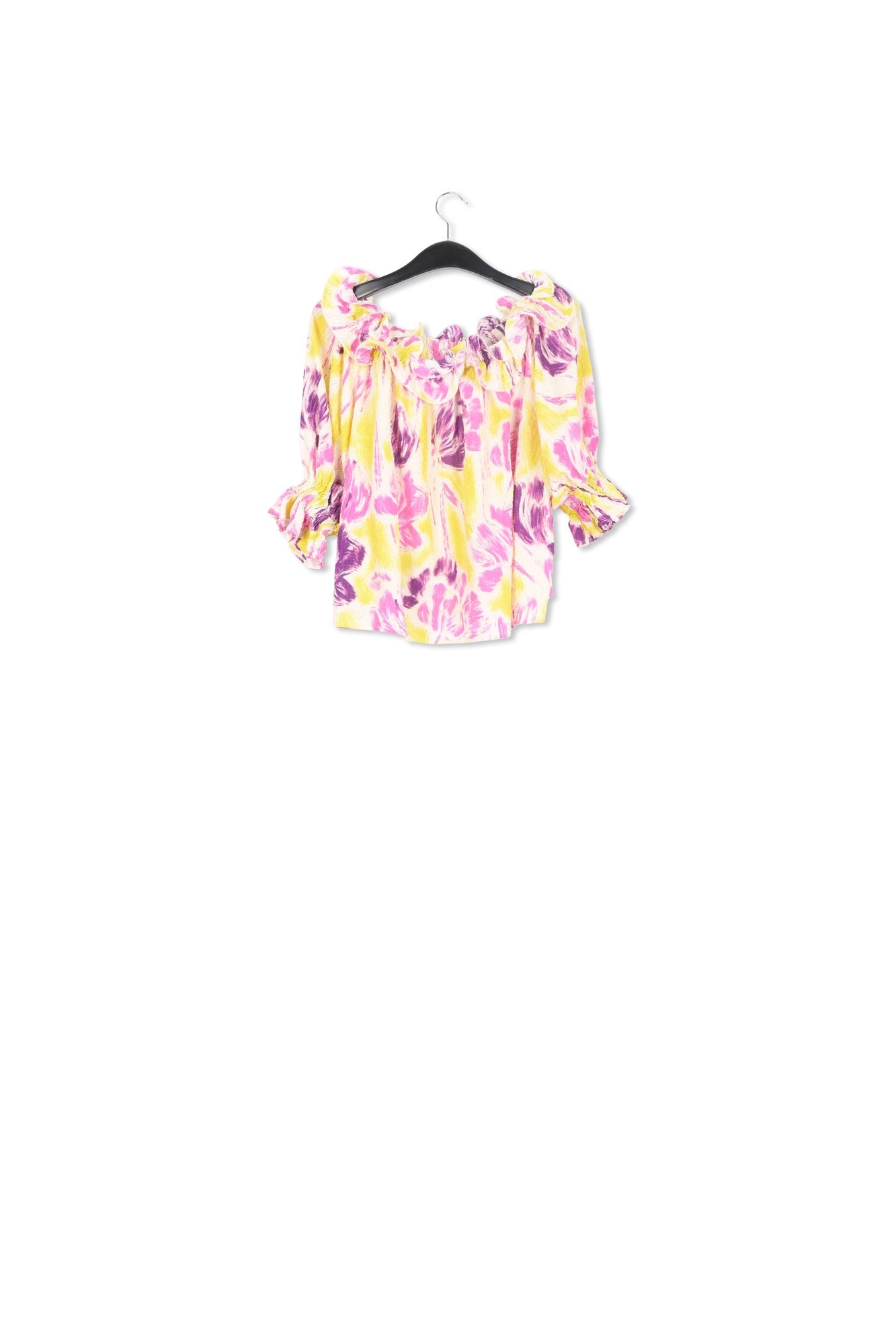 Yellow and purple floral print off-the-shoulder top RE—SSENTIEL | Essentiel second hand