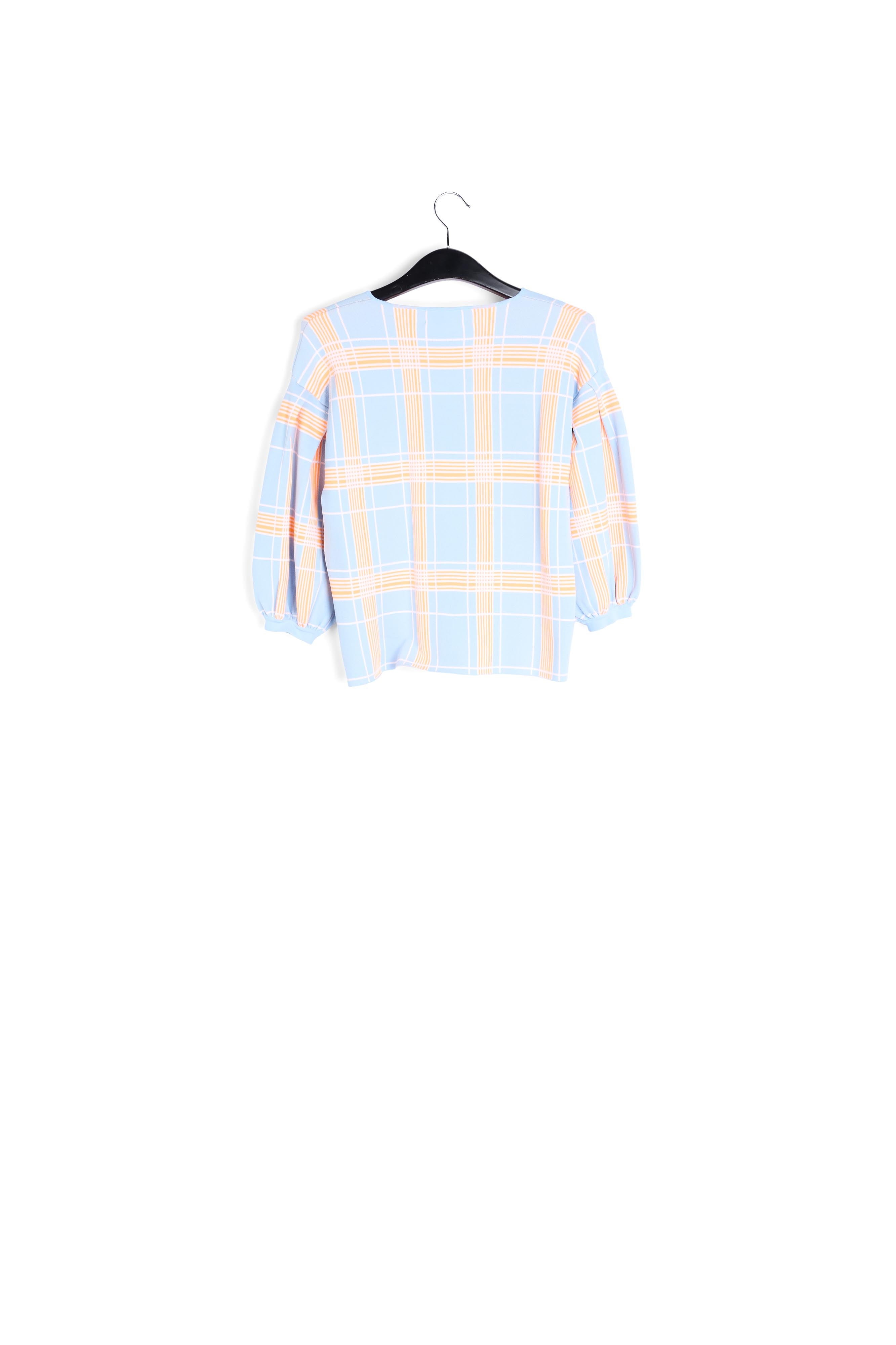 Light blue puffed sleeve knitted top with check motif RE—SSENTIEL | Essentiel second hand