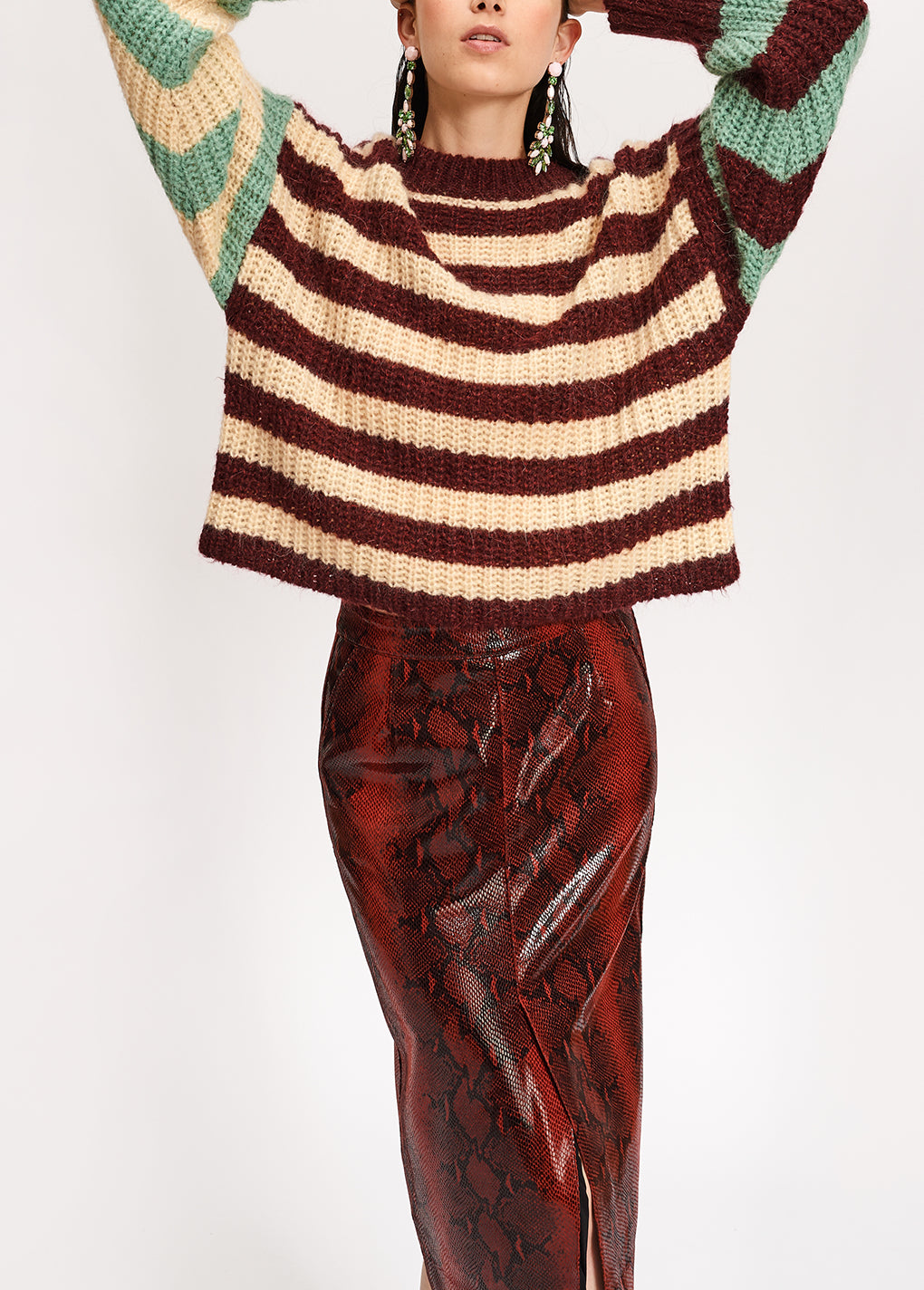 Red and black glossy snake-print midi skirt RE—SSENTIEL | Essentiel second hand