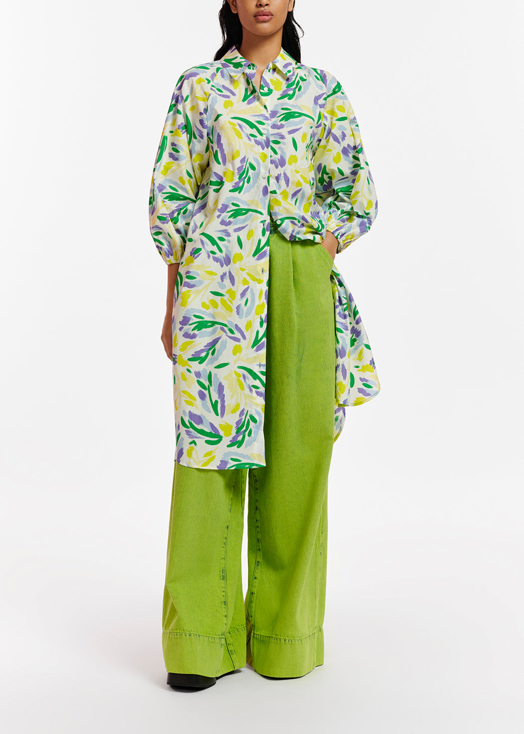 White, yellow and purple knee-length shirt dress with floral print RE—SSENTIEL | Essentiel second hand