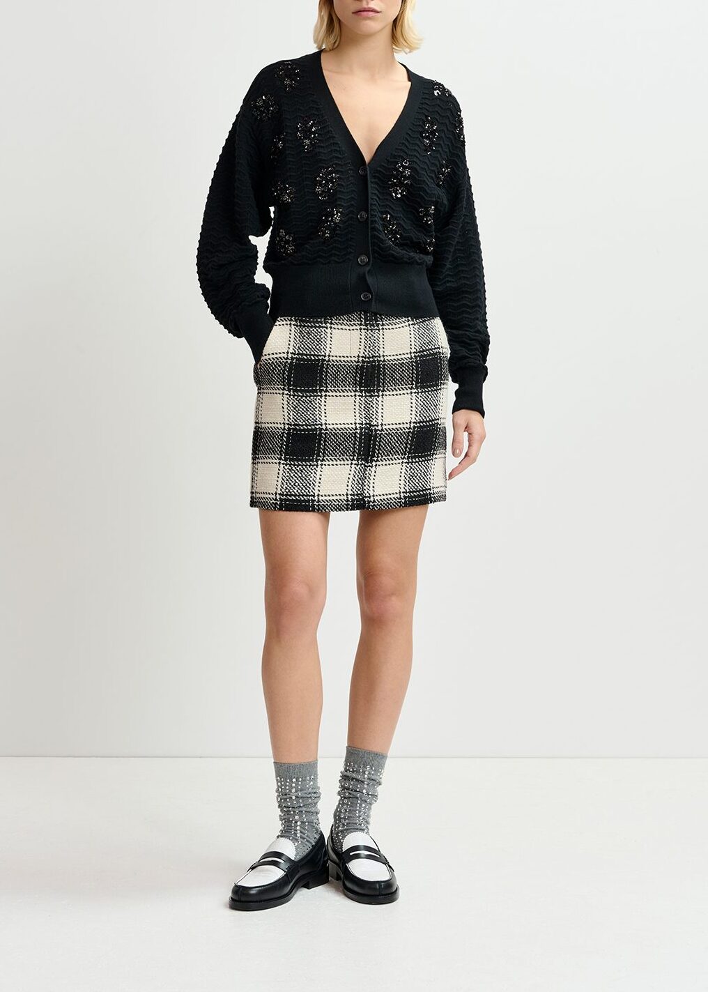 Ecru and black checked mini skirt RE—SSENTIEL | Essentiel second hand