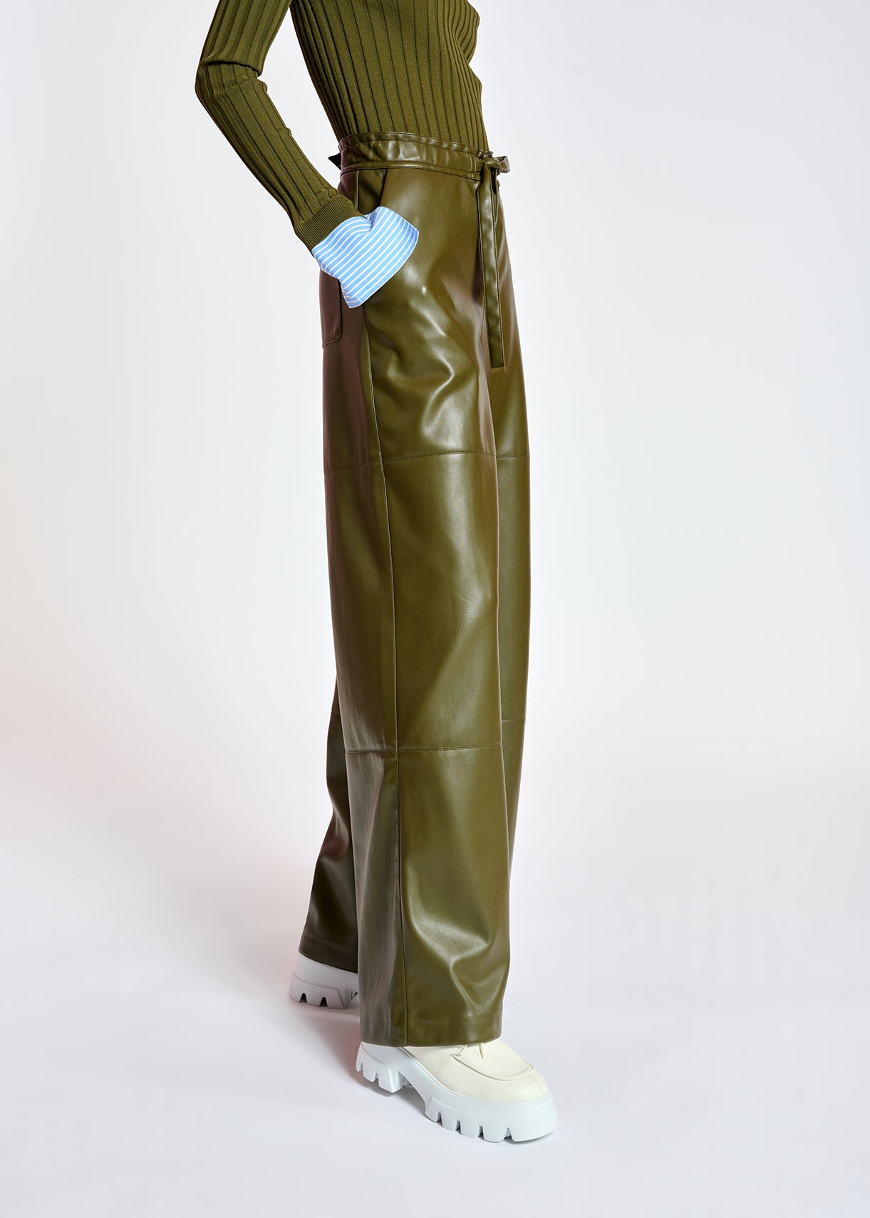Khaki faux leather wide-leg pants RE—SSENTIEL | Essentiel second hand
