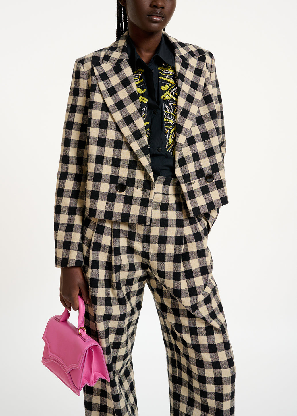 Black and beige checkered cropped blazer RE—SSENTIEL | Essentiel second hand