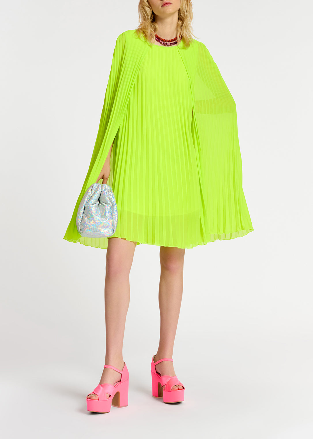 Neon yellow plissé cape-effect mini dress RE—SSENTIEL | Essentiel second hand