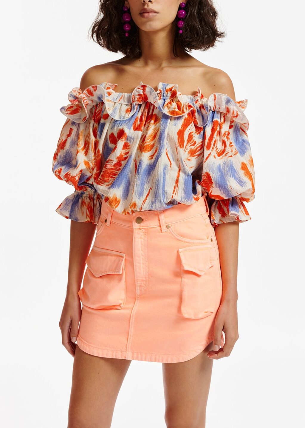 Light blue and orange floral print off-the-shoulder top RE—SSENTIEL | Essentiel second hand