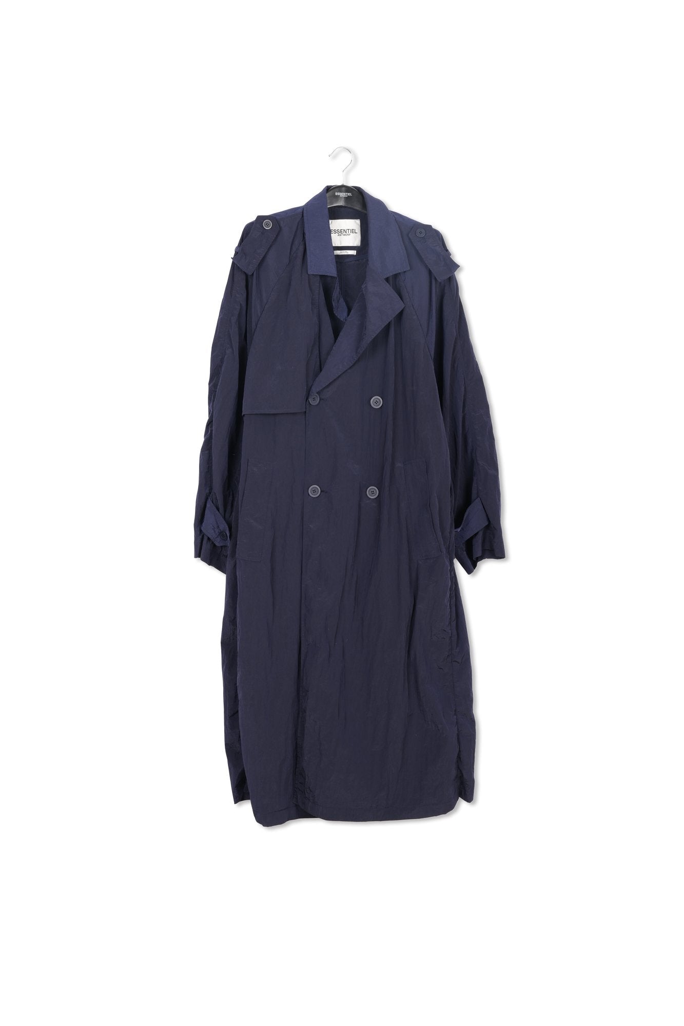 Navy blue double-breasted trench coat RE—SSENTIEL | Essentiel second hand
