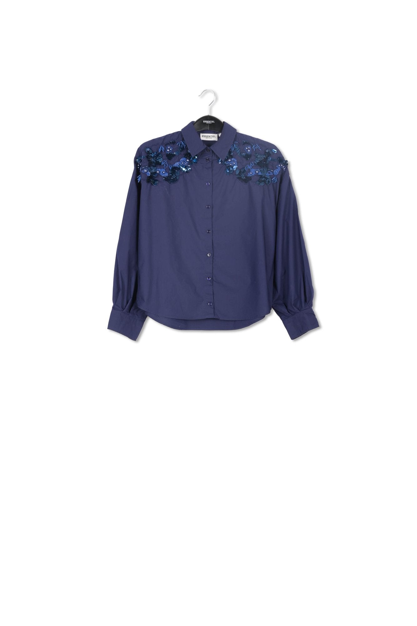 Navy blue cotton shirt with sequin and beaded embroideries RE—SSENTIEL | Essentiel second hand