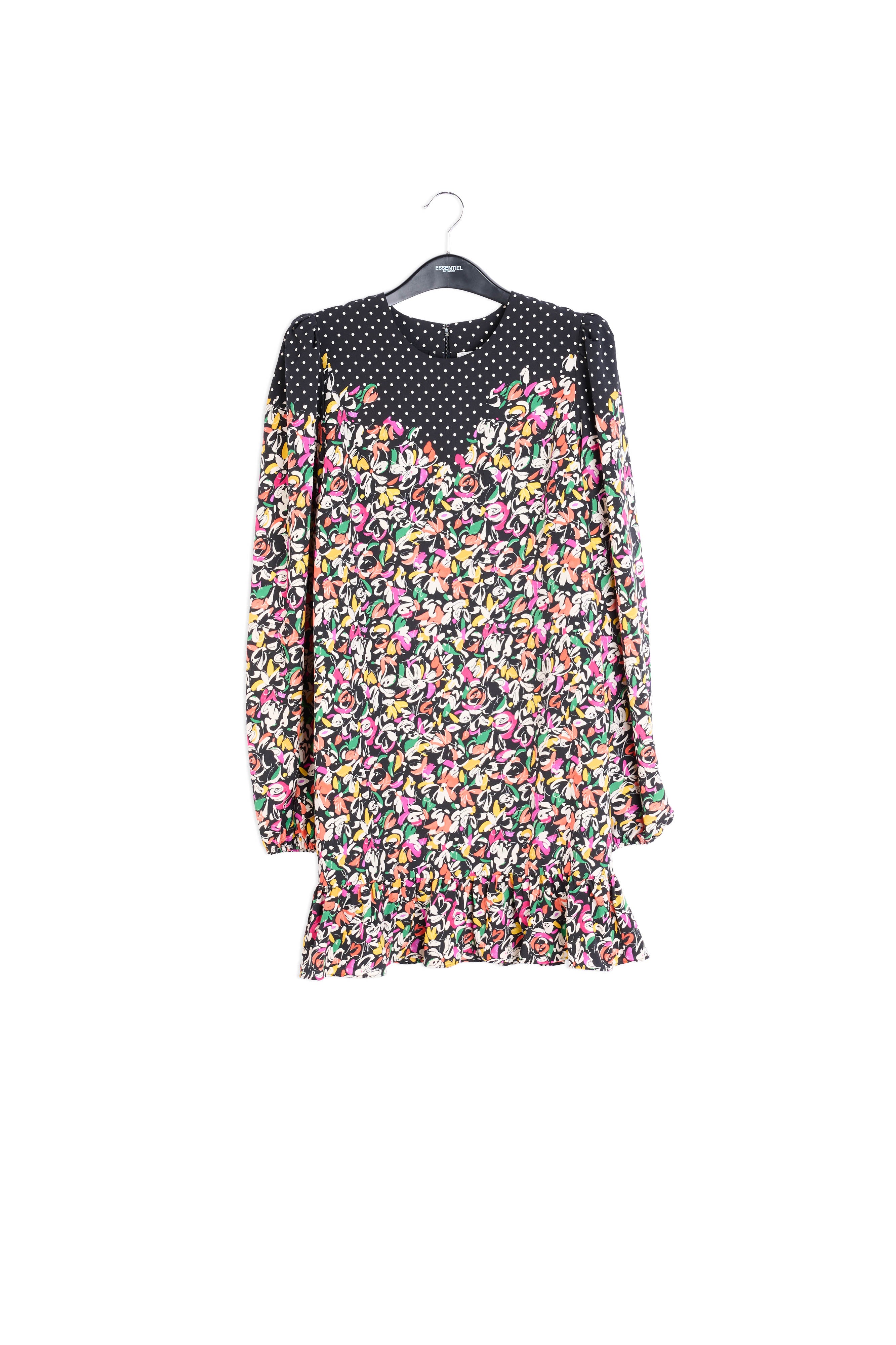 Kleurrijke jurk met bloemen- en stippenprint RE—SSENTIEL | Essentiel second hand