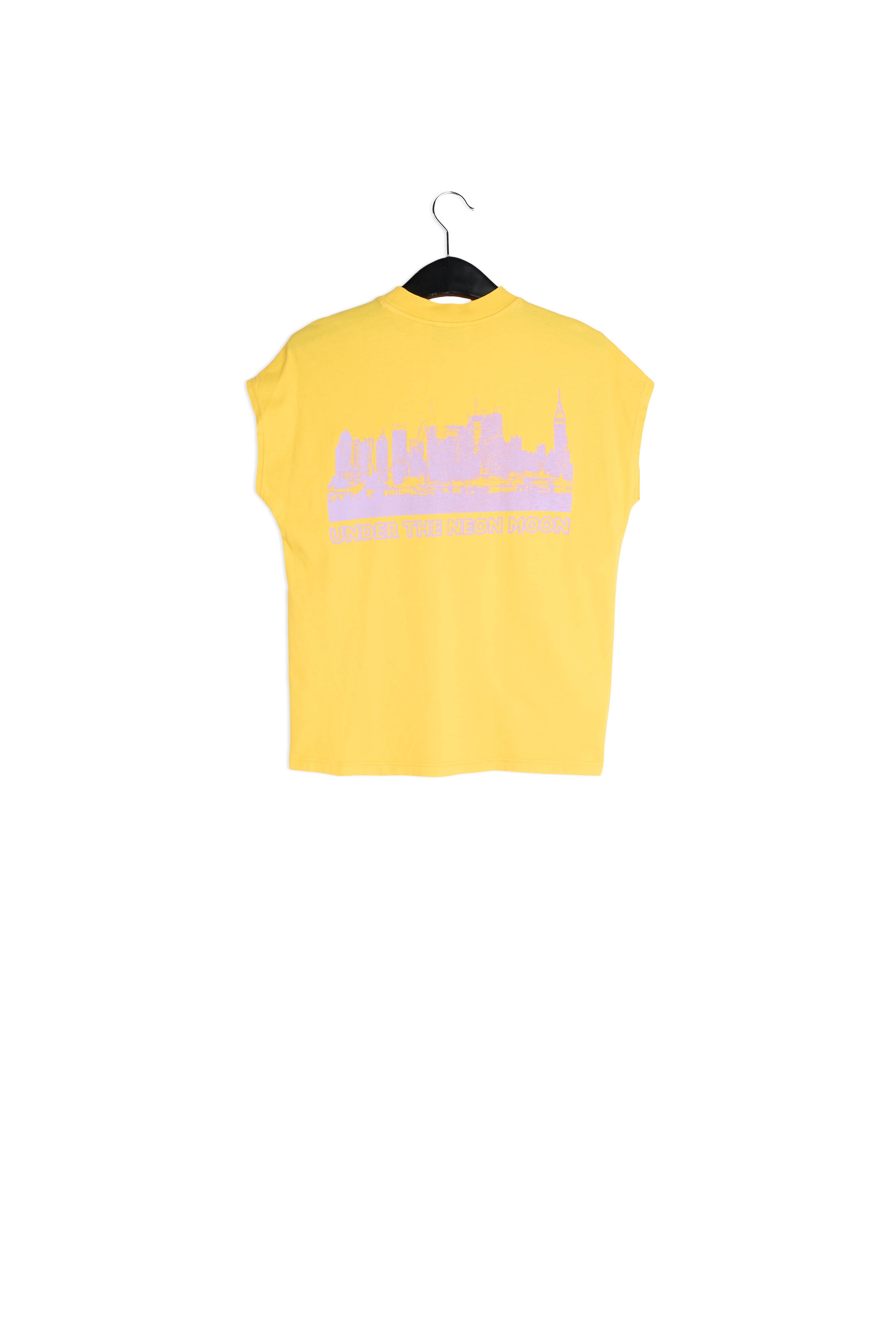 Yellow cotton T-shirt with lilac UNDER THE NEON MOON print RE—SSENTIEL | Essentiel second hand