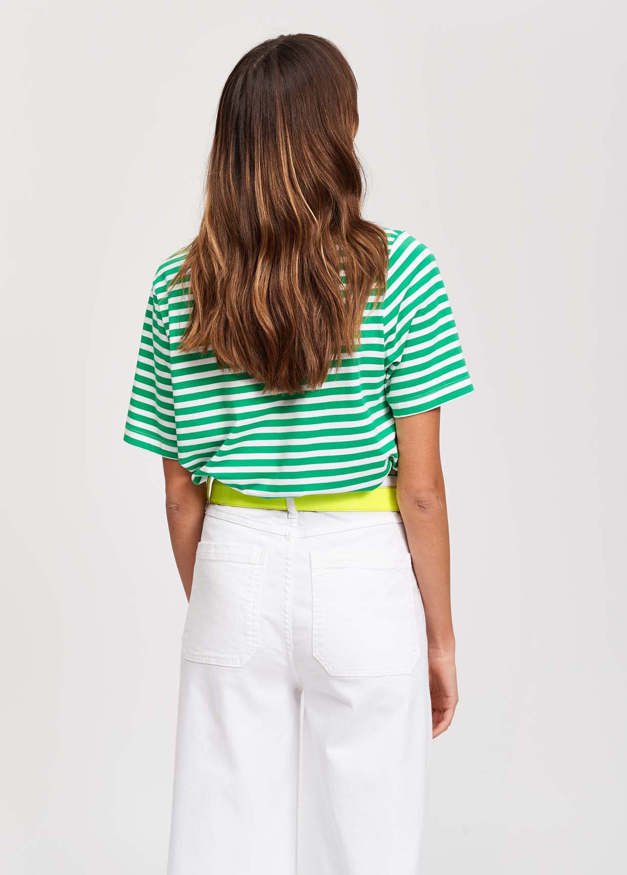 Green and white striped t-shirt with future print RE—SSENTIEL | Essentiel second hand