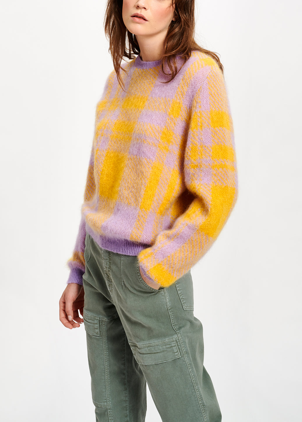 Lilac and yellow soft mohair plaid sweater RE—SSENTIEL | Essentiel second hand