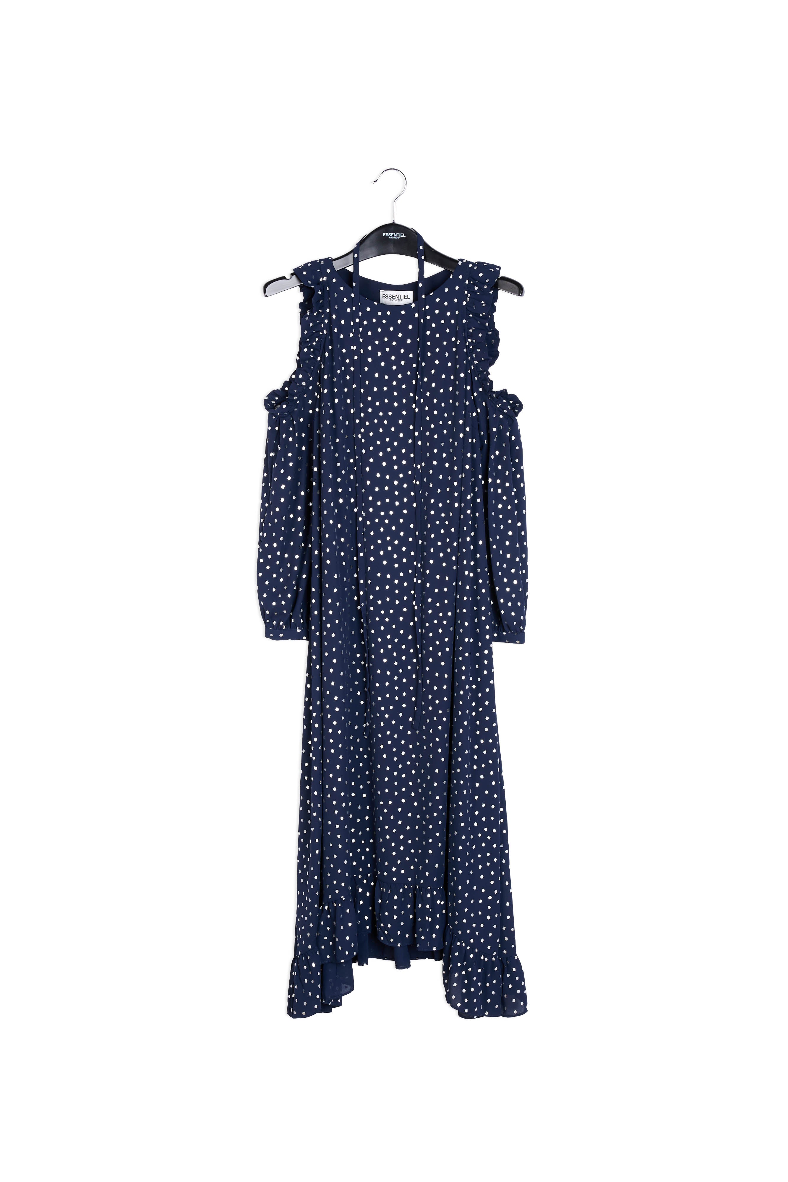 Dark blue open shoulder midi dress with silver polka dots RE—SSENTIEL | Essentiel second hand