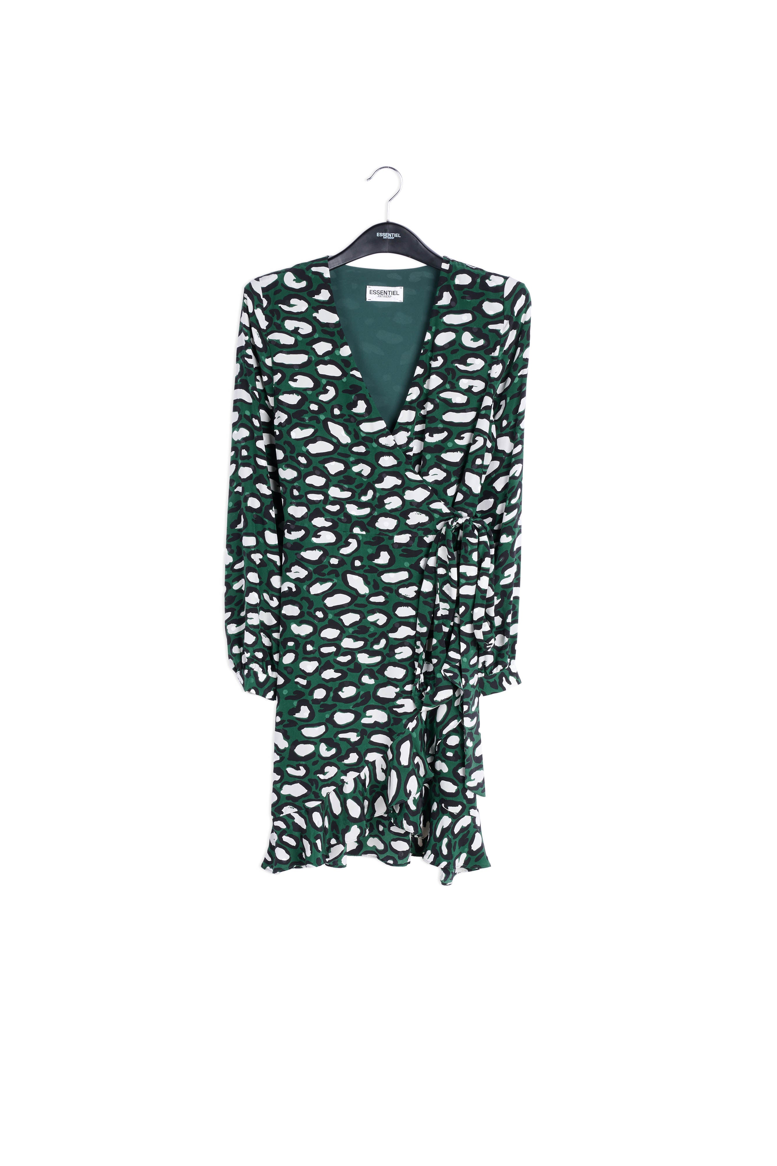 Flesgroene zijden wikkeljurk met luipaardprint RE—SSENTIEL | Essentiel second hand