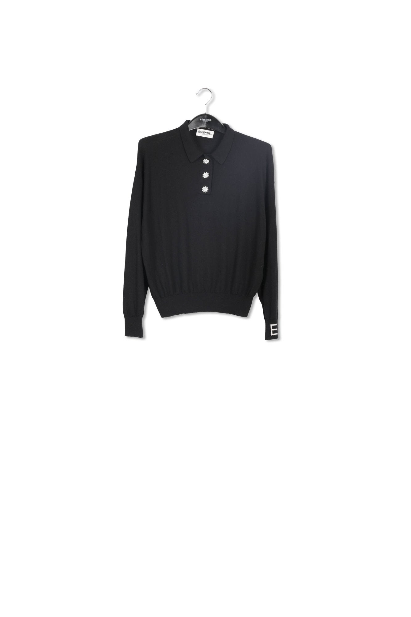 Black fine-knit sweater with polo-inspired collar RE—SSENTIEL | Essentiel second hand